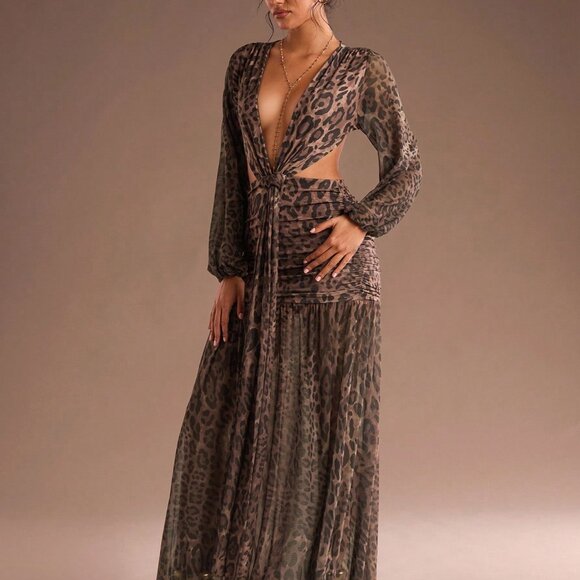 Multicolor Sexy Women's Leopard Print V Neck Backless Maxi Dress - Picture 5 of 7